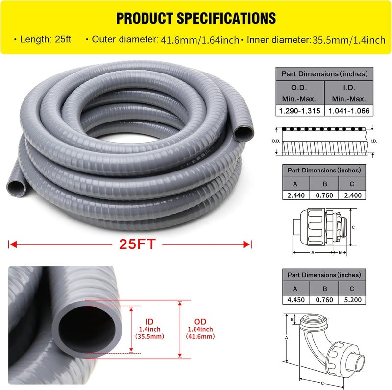 DWALE Liquid-Tight Conduit and Connector Kit,Flexible Non Metallic Liquid Tight Electrical Conduit,1-1/4inch25ft Electrical Conduit Kit,with4 Straight and2 Angle Fittings Included,1-1.4 in. Dia - Image 2